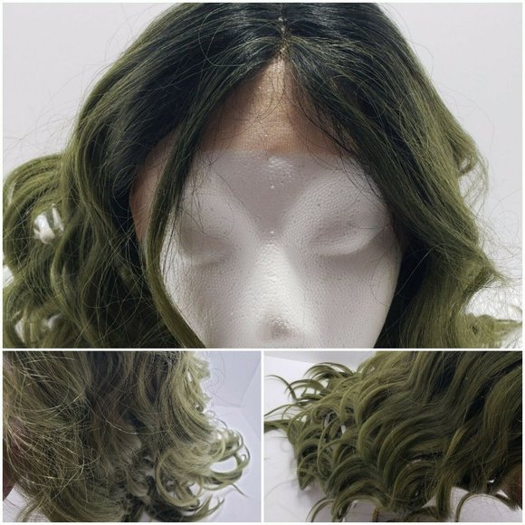 Janet Collection Olive Green Human Hair Blend 6" Deep Center Part Lace Front Wig - Picture 1 of 11